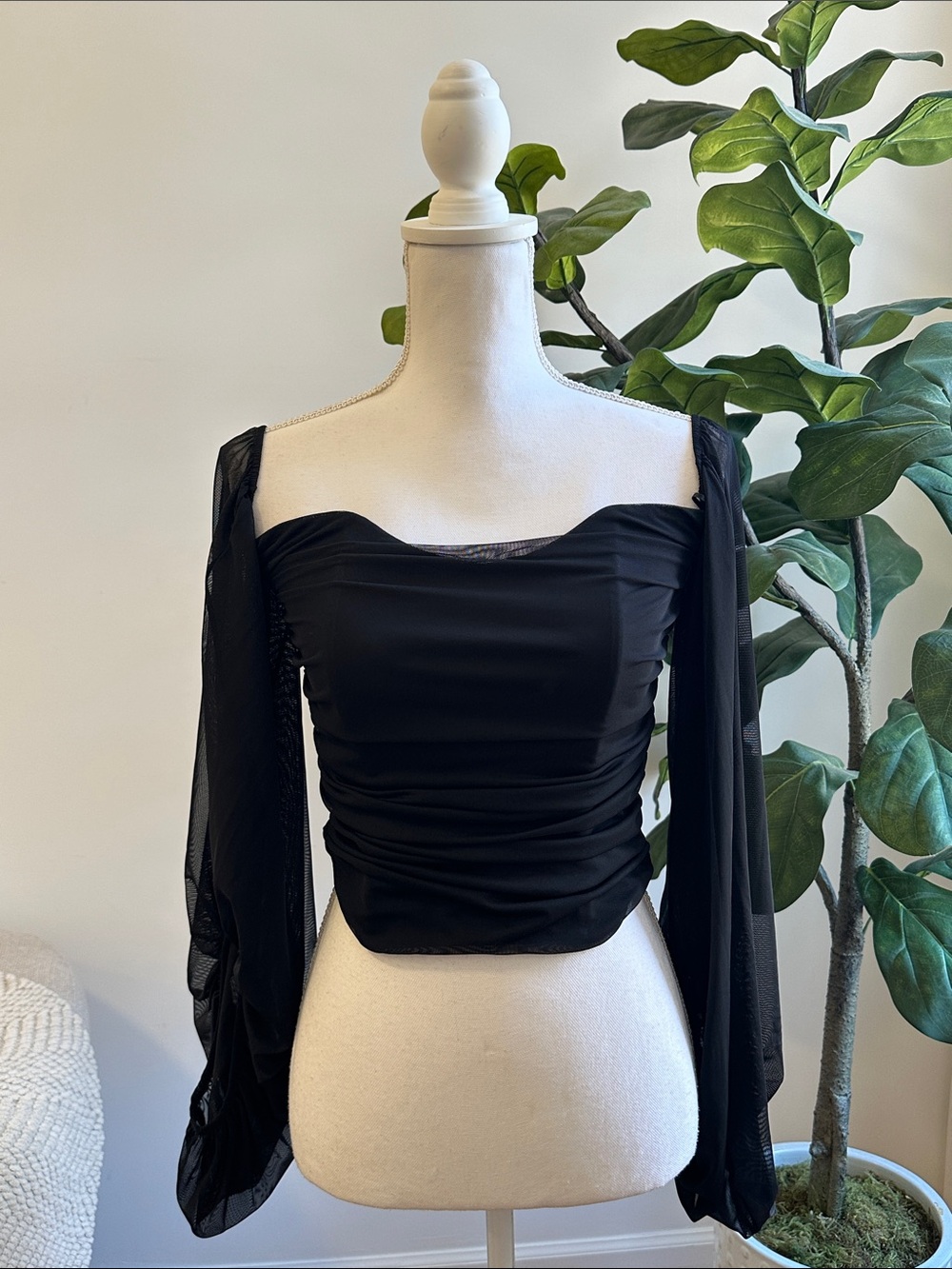 Zara Black Ruched Off-Shoulder Long Sleeve Top